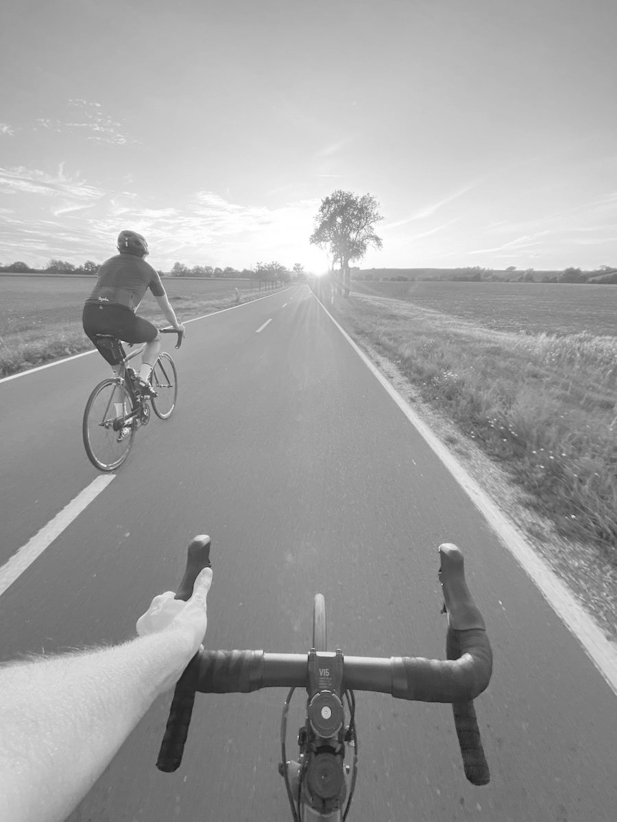 The view over the handlebars on an open road at sunset